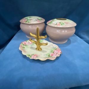 Vintage, ceramic hand painted, 3 piece vanity set.